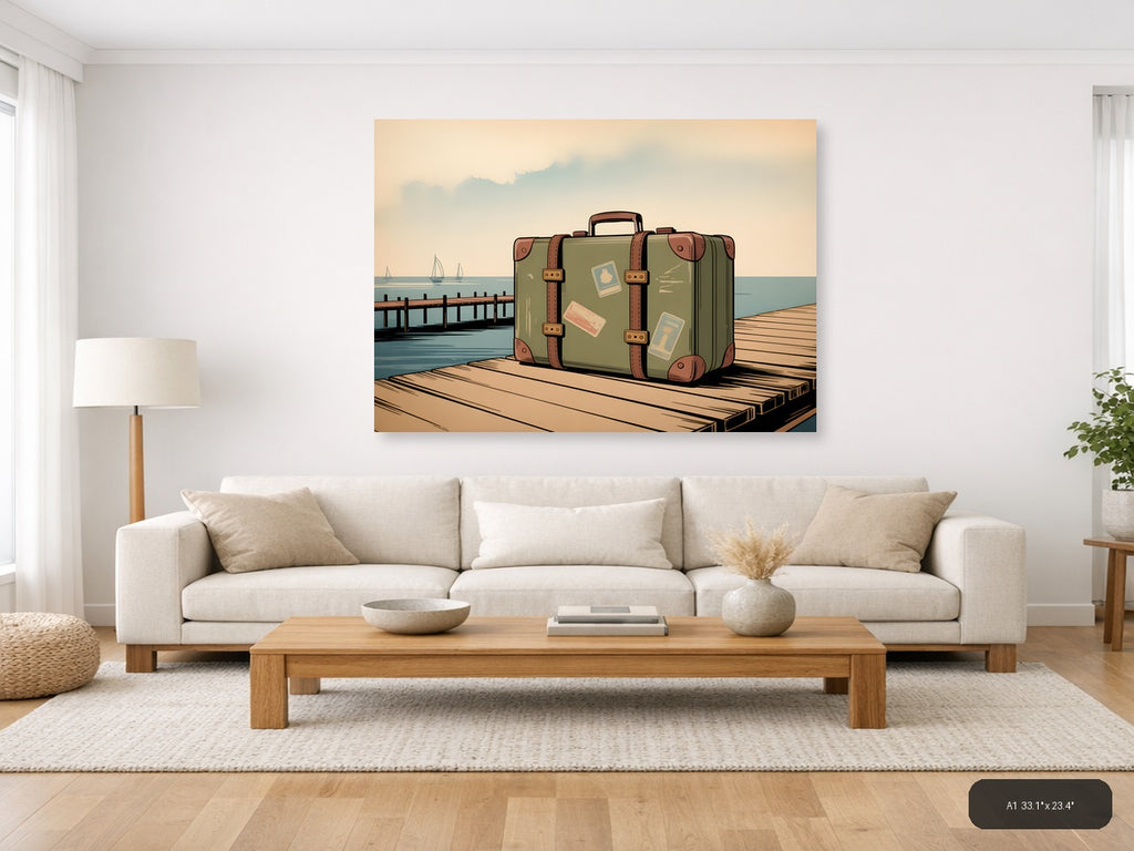 Vintage Suitcase on Dock - Coastal Travel Wall Art — A1 / Living Room