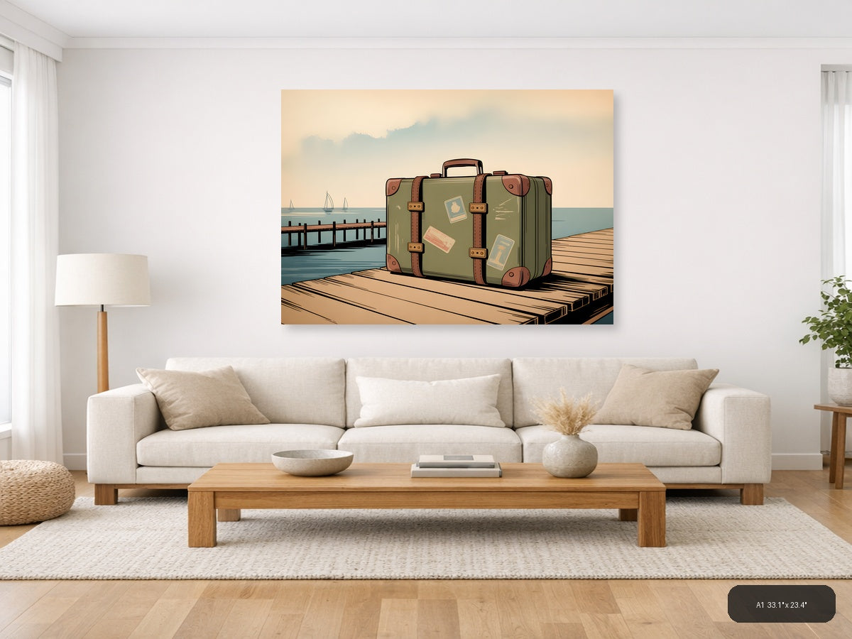 Vintage Suitcase on Dock - Coastal Travel Wall Art — A1 / Living Room