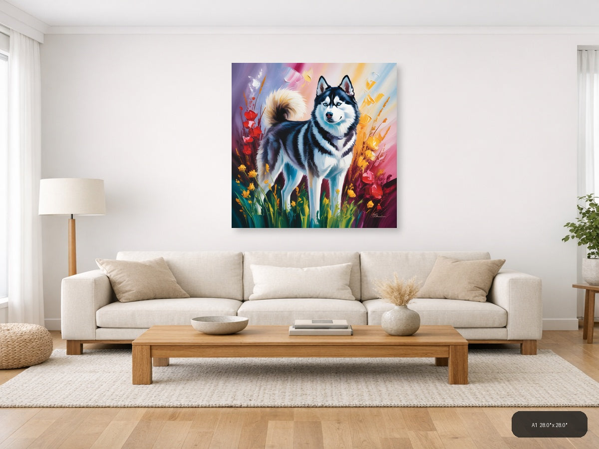 Husky Dog with Colorful Flowers Abstract Wall Art — A1 / Living Room
