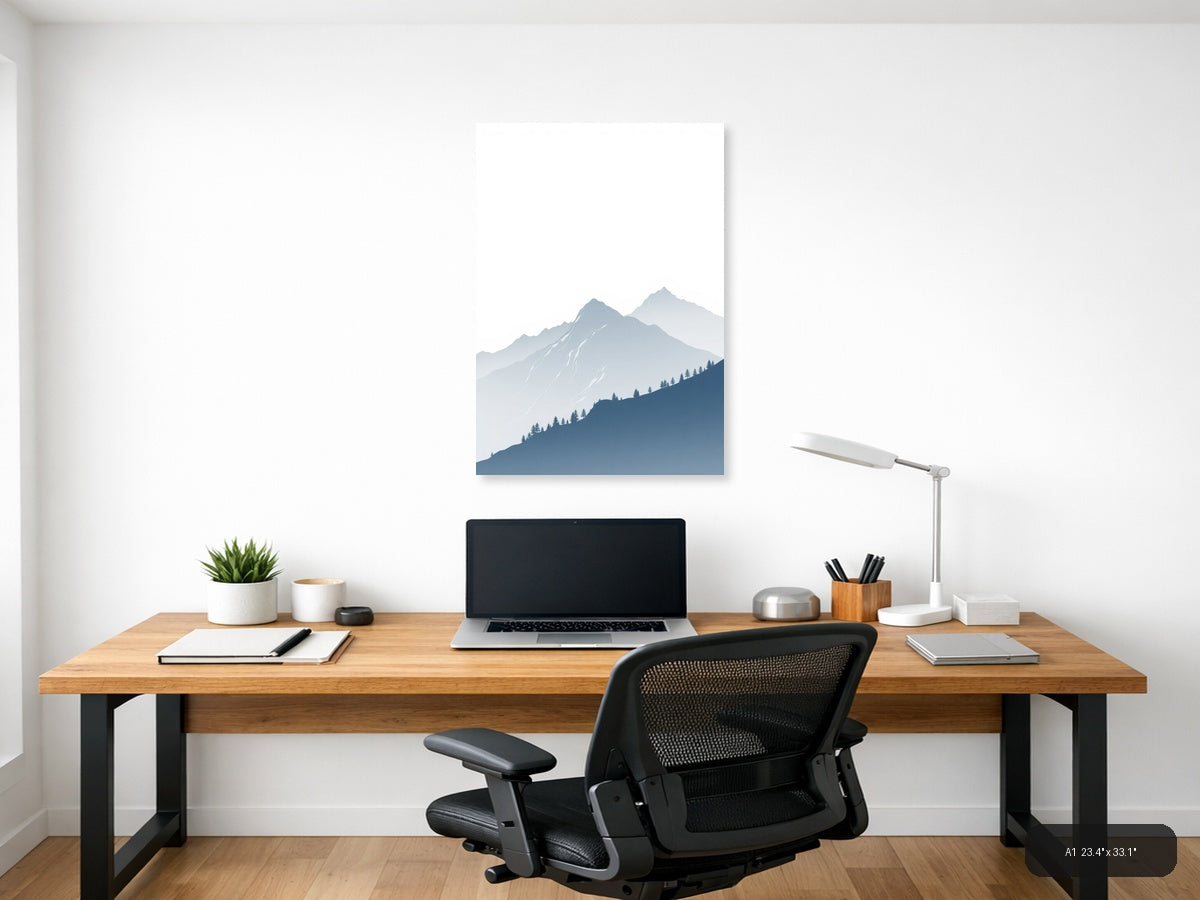 Misty Mountains with Evergreen Forest | Minimalist Landscape Wall Art — A1 (Office)