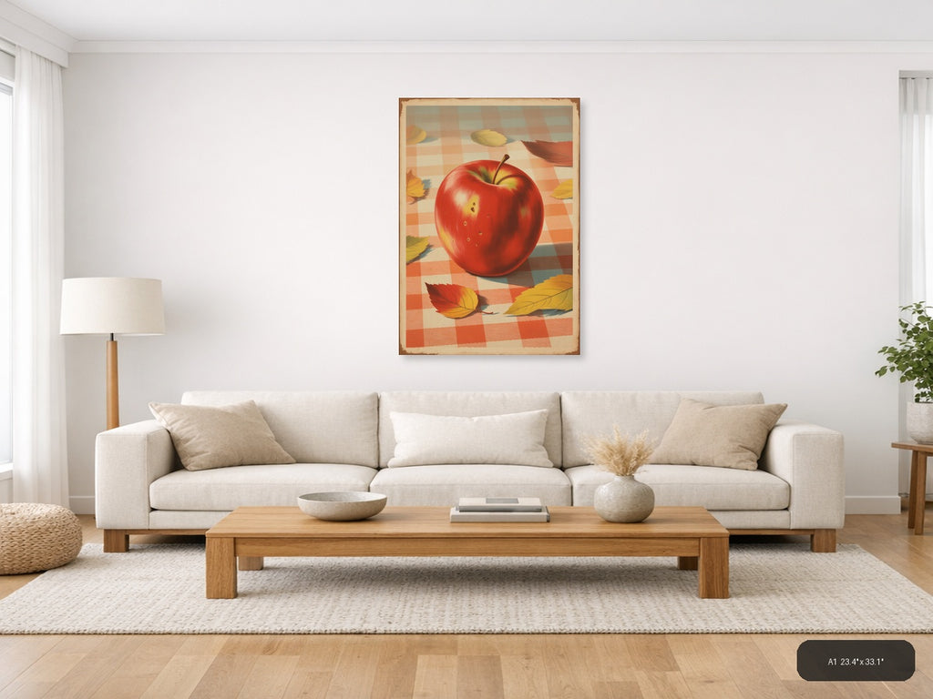 Red Apple with Autumn Leaves Vintage Checkered Wall Art — A1 / Living Room