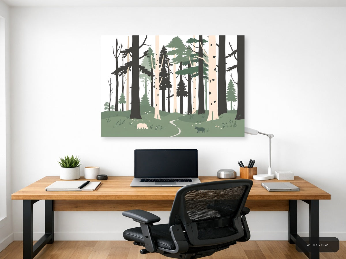 Minimalist Forest Path with Wildlife Wall Art — A1 / Office