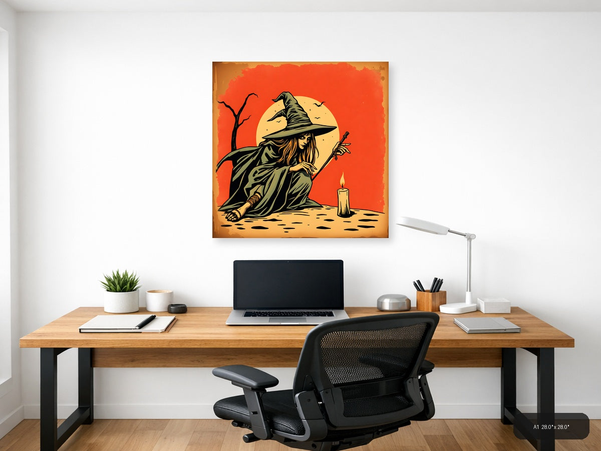 Vintage Witch with Broomstick Moon Wall Art — A1 / Office