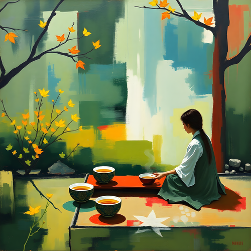 Abstract Autumn Tea Ceremony Woman Wall Art