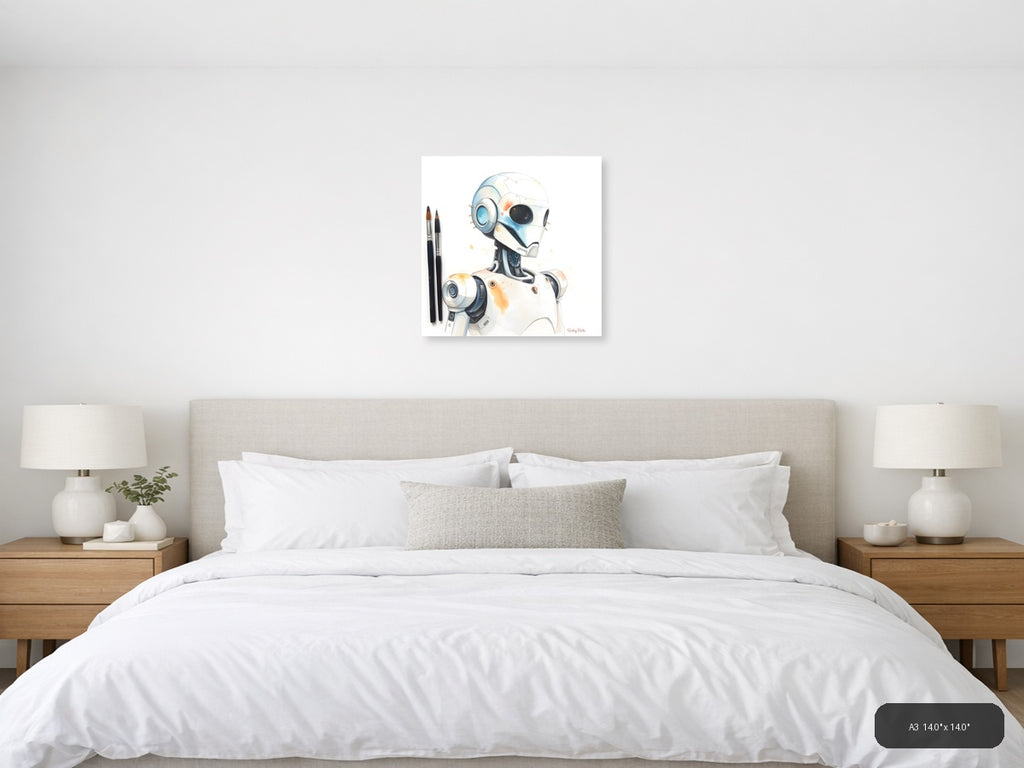 Futuristic Robot Portrait Watercolor Wall Art — A3 / Bedroom