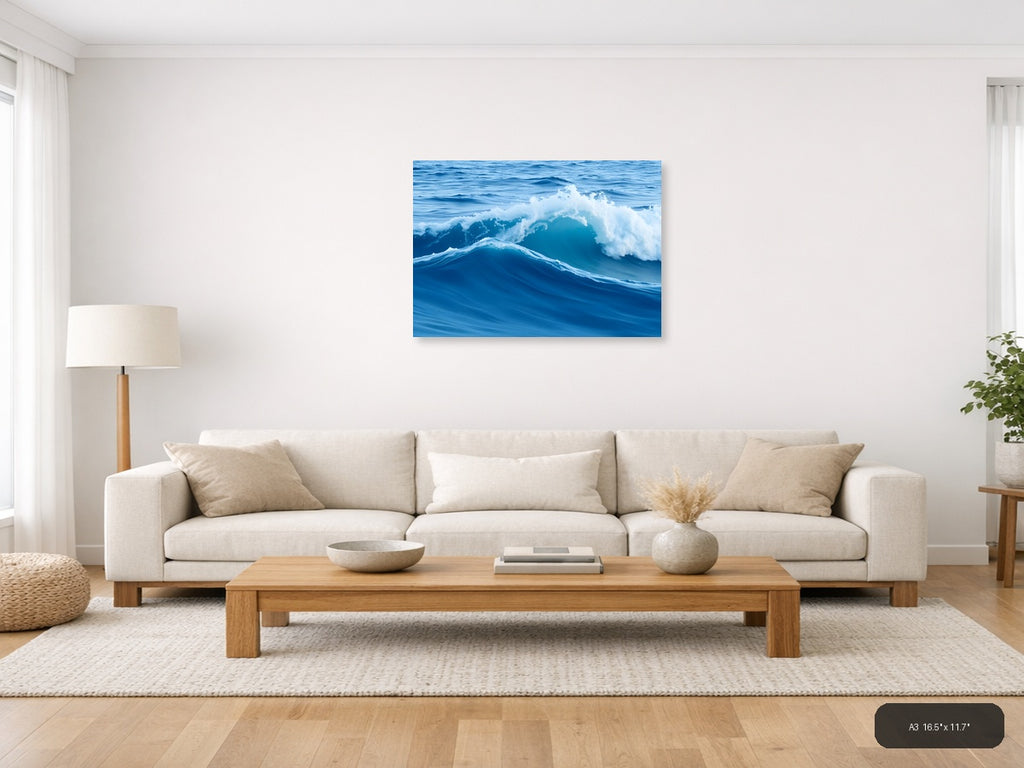 Minimalist Ocean Waves Blue Sea Wall Art — A3 / Living Room