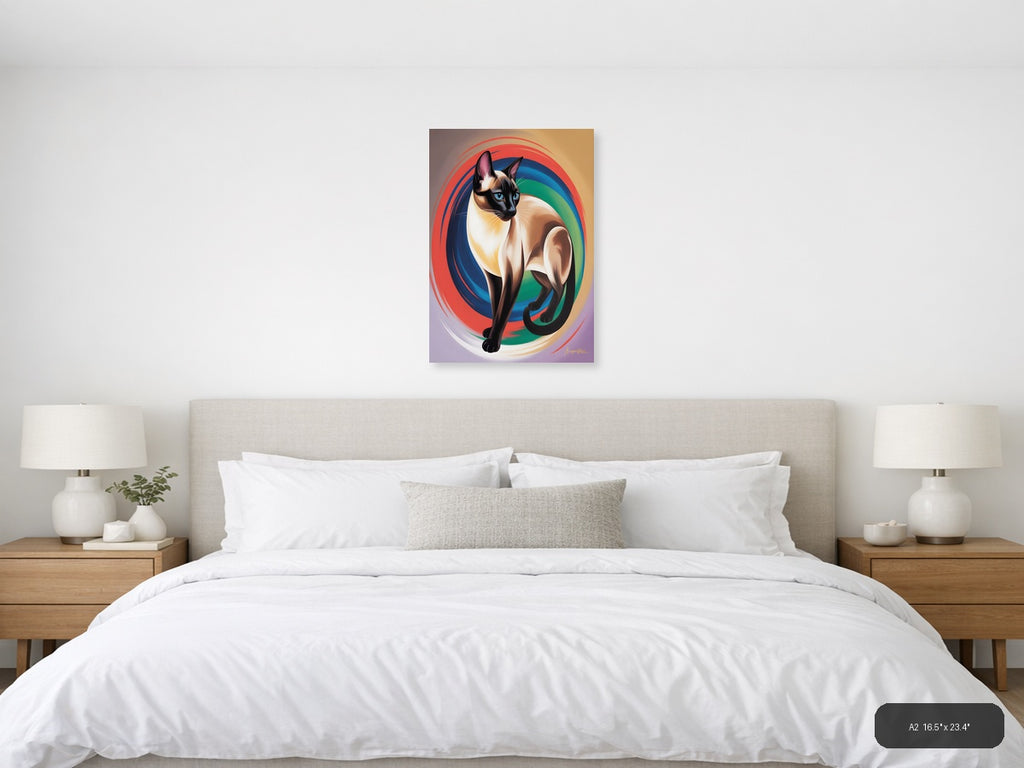 Siamese Cat Abstract Rainbow Swirl Portrait Wall Art — A2 / Bedroom