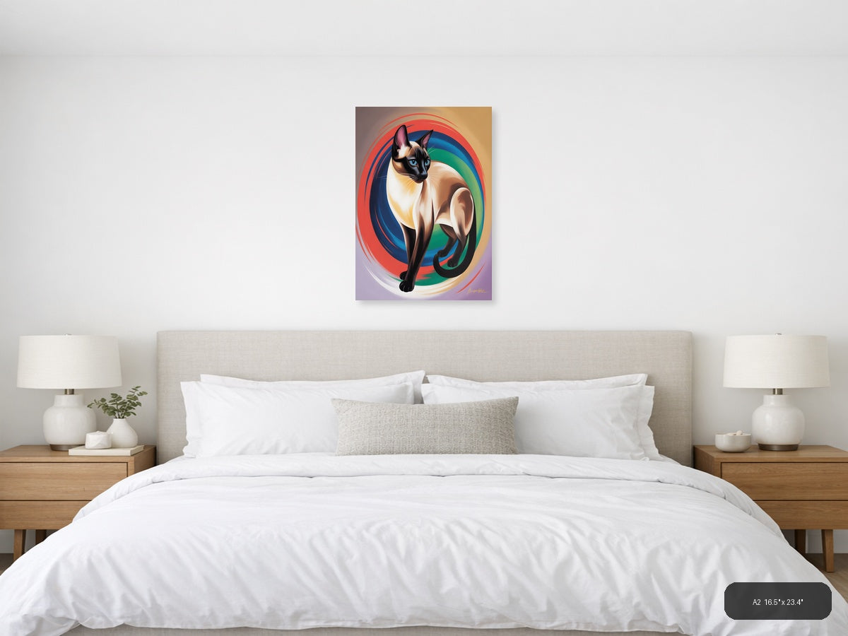 Siamese Cat Abstract Rainbow Swirl Portrait Wall Art — A2 / Bedroom