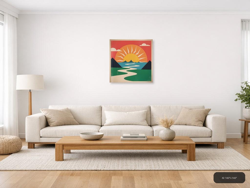 Vintage Sunset Landscape with River - Retro Wall Art — A3 / Living Room