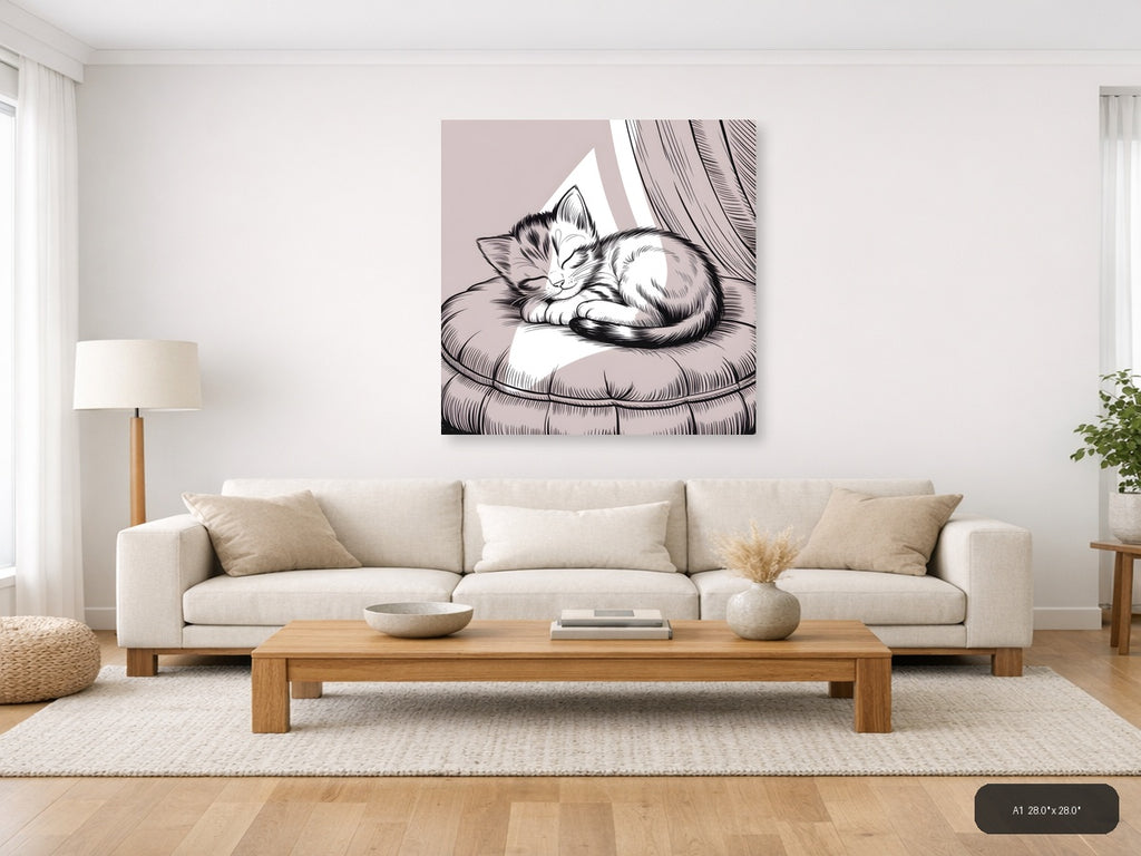 Sleeping Cat Line Art Wall Art Print — A1 / Living Room