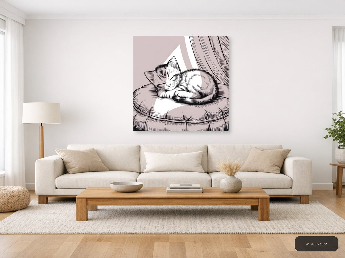 Sleeping Cat Line Art Wall Art Print — A1 / Living Room