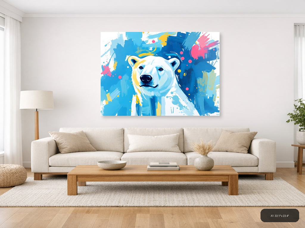 Abstract Polar Bear Portrait Blue Yellow Wall Art — A1 / Living Room