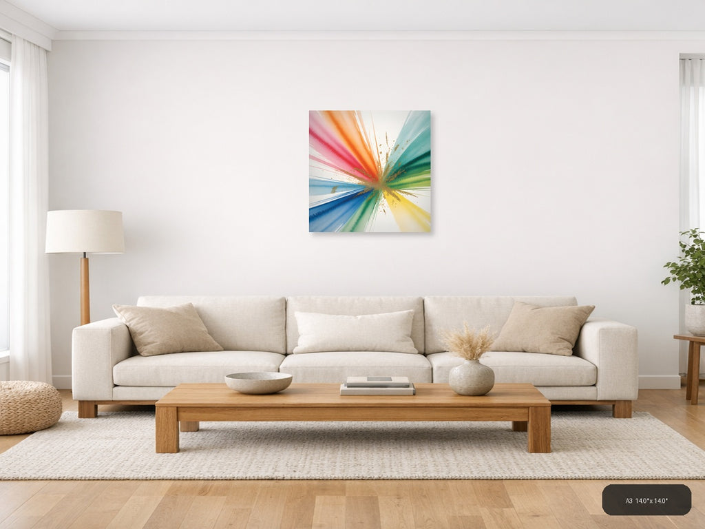 Rainbow Watercolor Burst with Gold Splatter Wall Art — A3 / Living Room