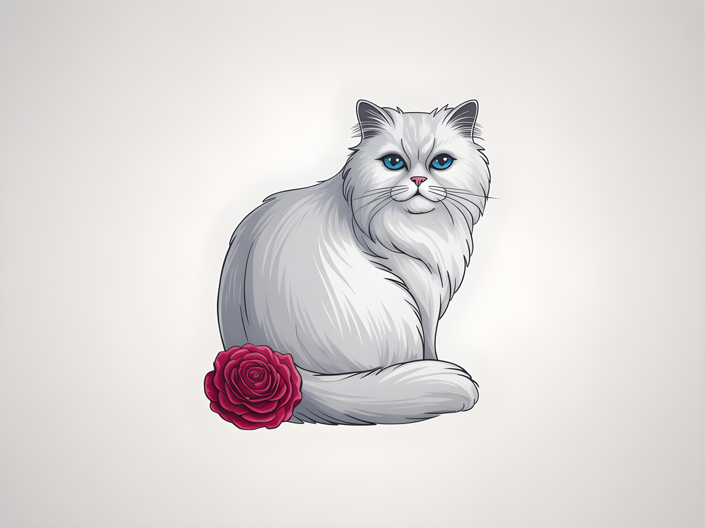 White Fluffy Cat with Blue Eyes and Rose - Minimalist Wall Art