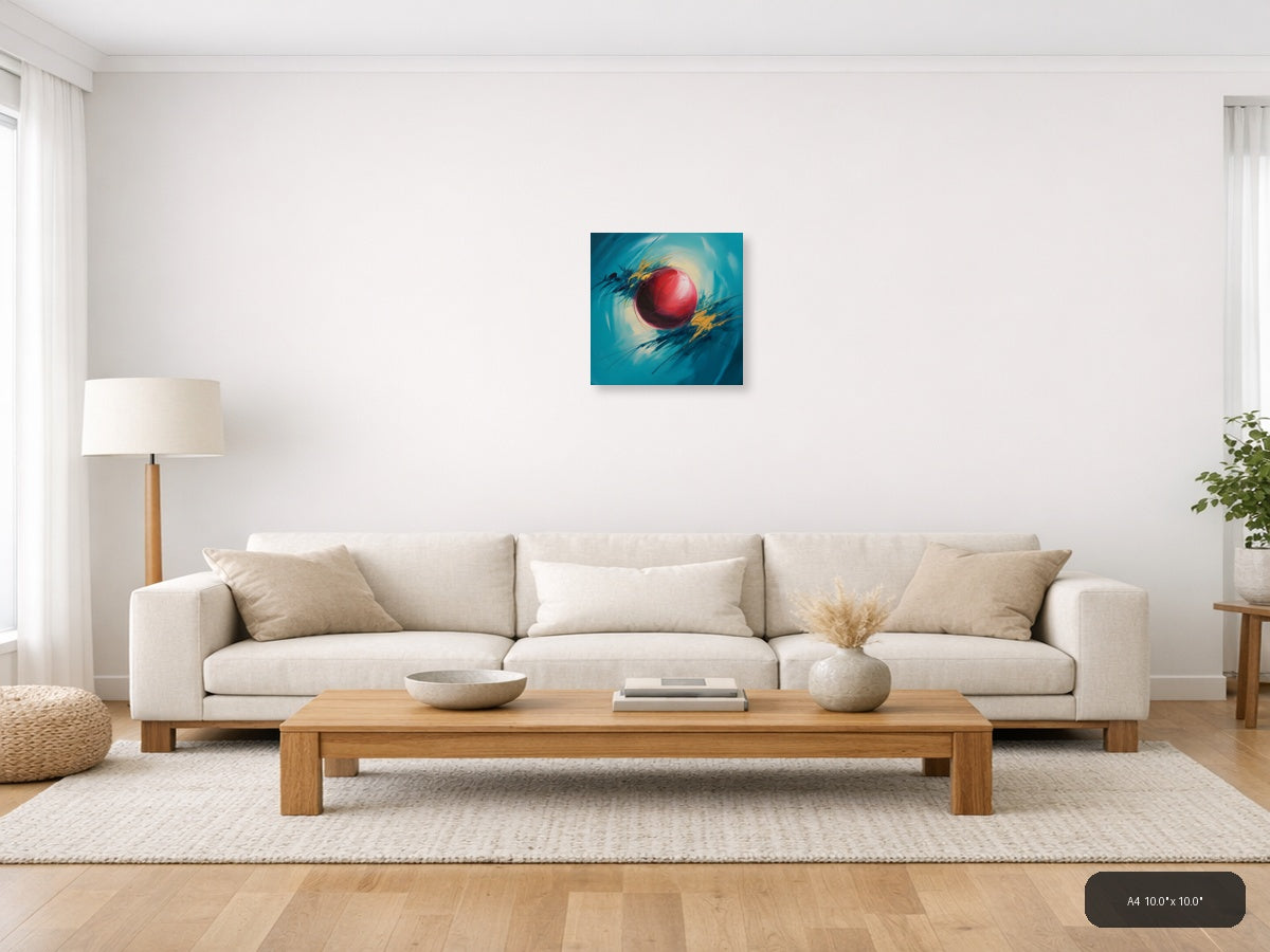 Red Sphere Abstract Turquoise Motion Wall Art — A4 / Living Room