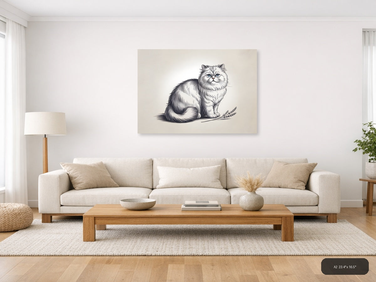Fluffy Long-Haired Cat with Wheat Line Art Wall Art — A2 / Living Room