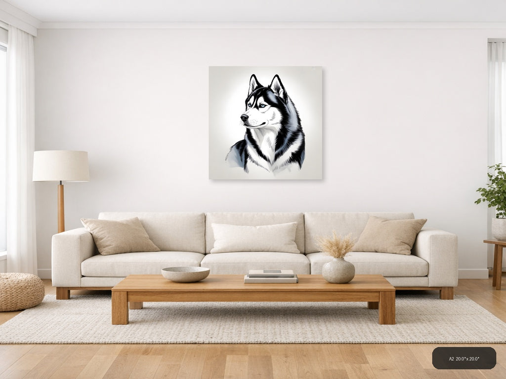 Husky Dog Portrait Line Art Black and White Wall Art — A2 / Living Room