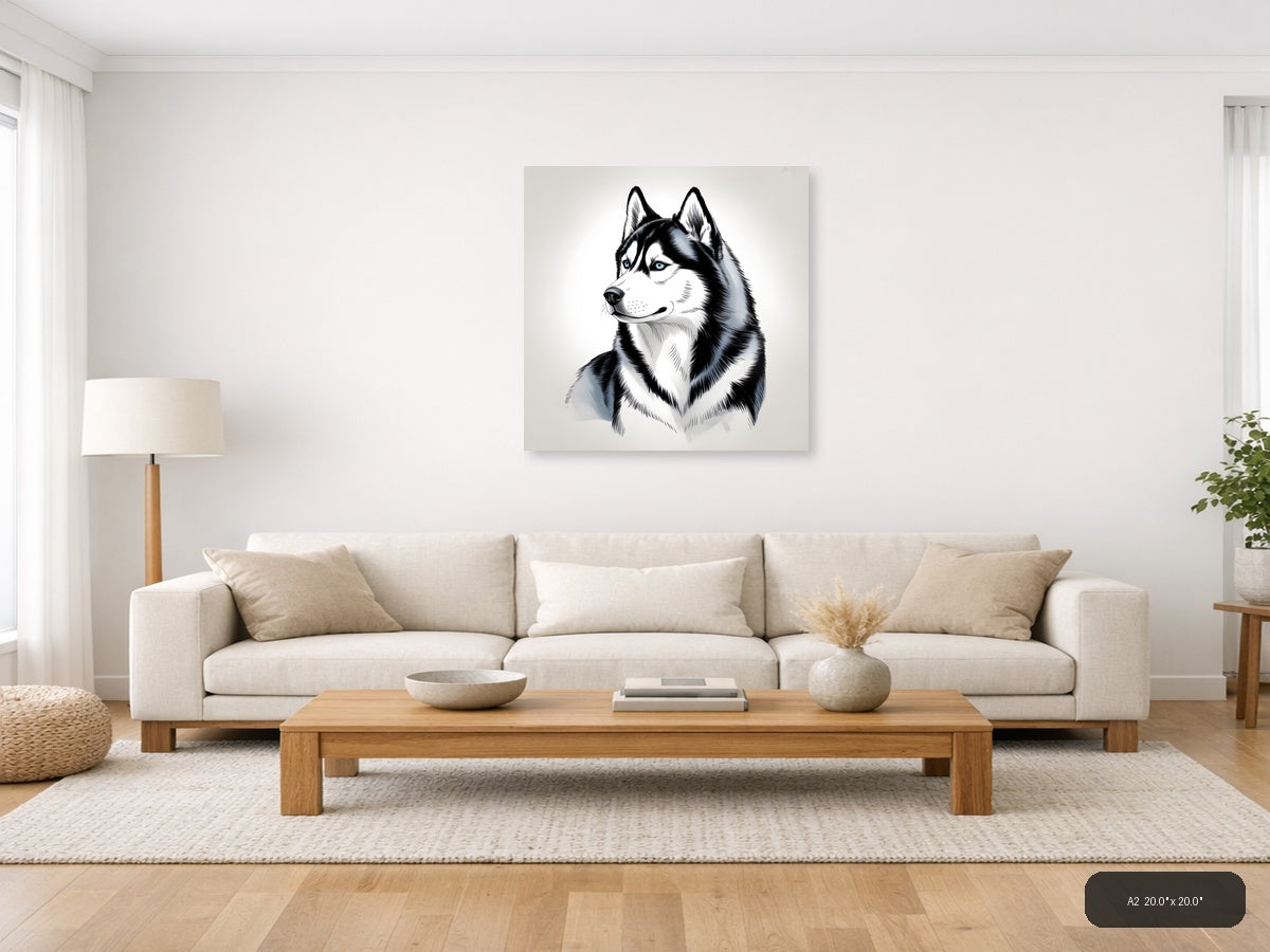 Husky Dog Portrait Line Art Black and White Wall Art — A2 / Living Room
