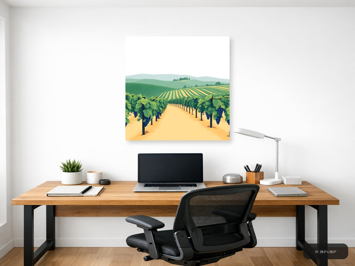 Minimalist Vineyard Landscape with Blue Grapes Wall Art — A1 / Office