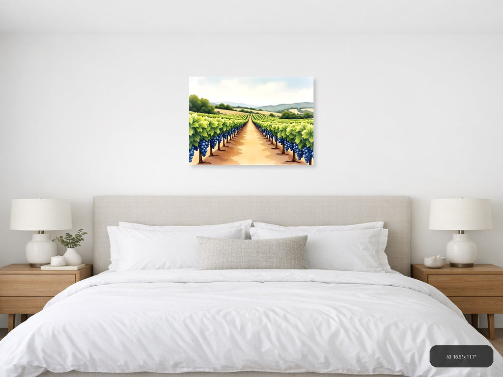 Vineyard Landscape Watercolor Wall Art — A3 / Bedroom