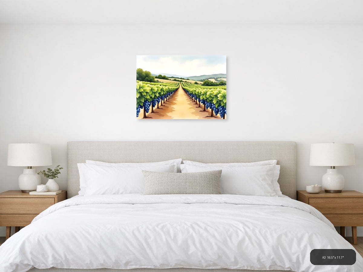 Vineyard Landscape Watercolor Wall Art — A3 / Bedroom