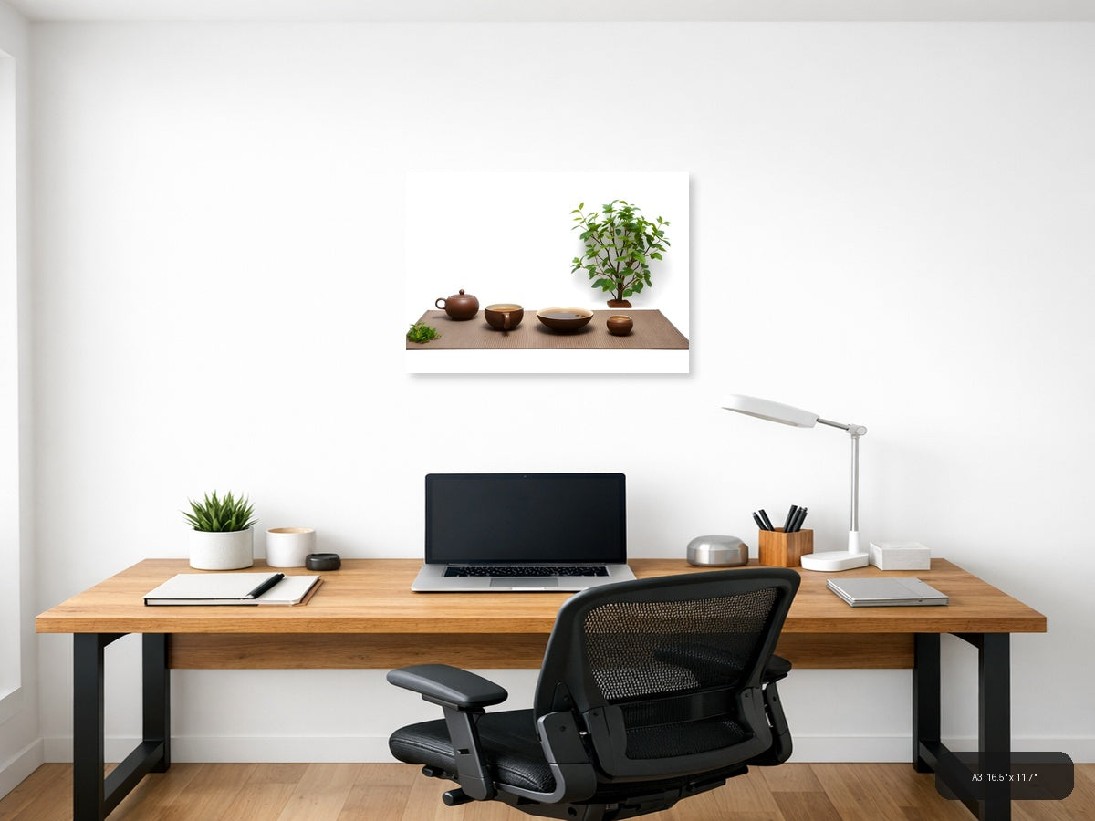 Minimalist Tea Ceremony Setup with Green Plant Wall Art — A3 / Office