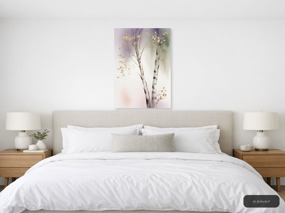 Golden Birch Trees Watercolor Portrait Wall Art — A1 / Bedroom