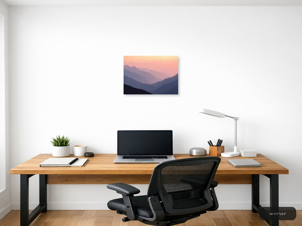Minimalist Mountain Valley Sunset Pink Sky Wall Art — A4 / Office