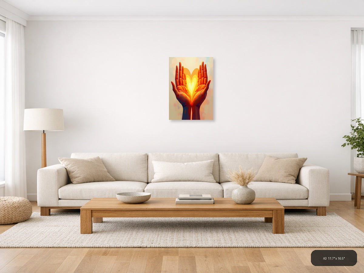 Glowing Heart in Hands Abstract Portrait Wall Art — A3 / Living Room