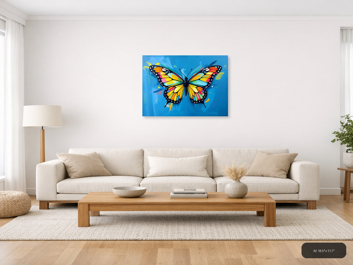 Vibrant Rainbow Butterfly Abstract Blue Wall Art — A3 / Living Room