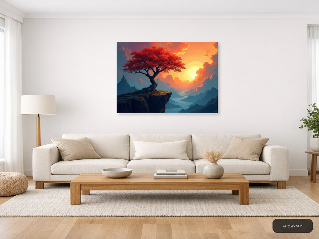 Crimson Tree Sunset Mountain Landscape Abstract Wall Art — A2 / Living Room