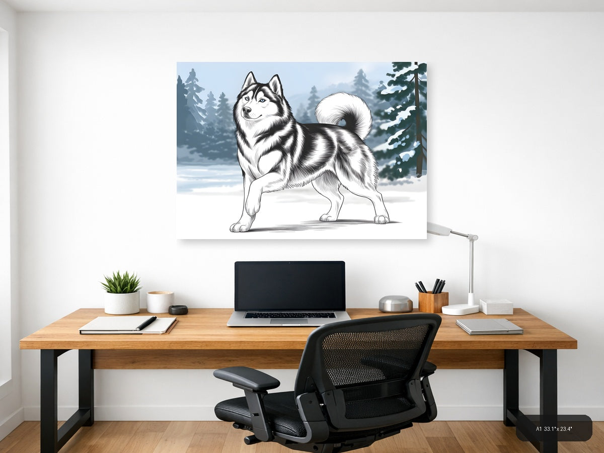 Husky Dog Line Art Winter Forest Landscape Wall Art — A1 / Office