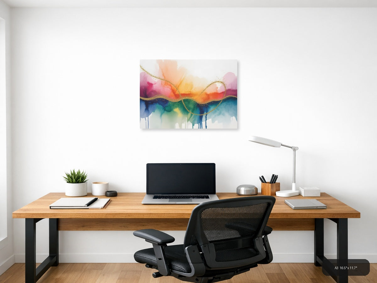 Rainbow Watercolor Landscape with Gold Wave Lines Wall Art — A3 / Office