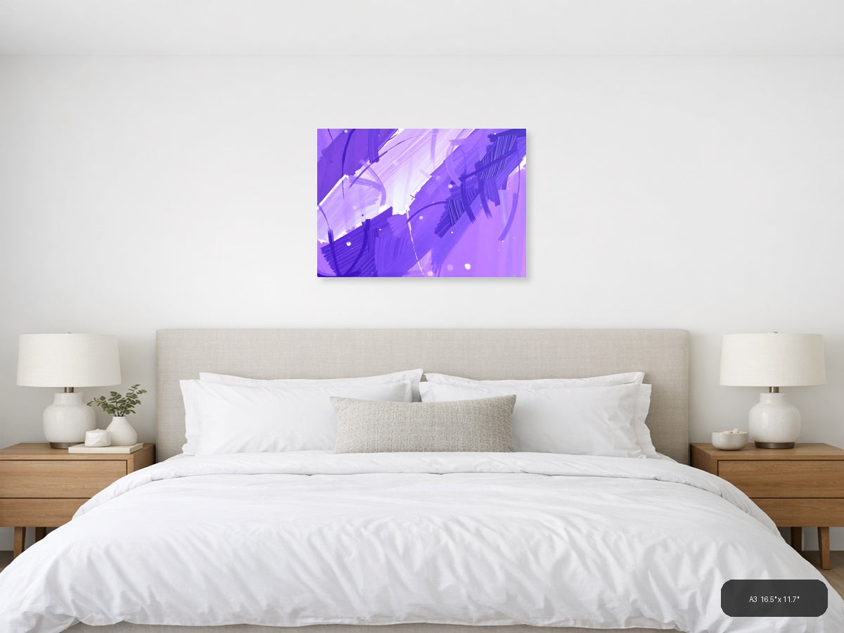 Purple Abstract Brushstrokes & Light Rays Wall Art — A3 / Bedroom