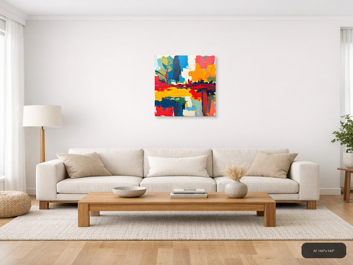 Vibrant Abstract Landscape with Blue Tower Wall Art — A3 / Living Room