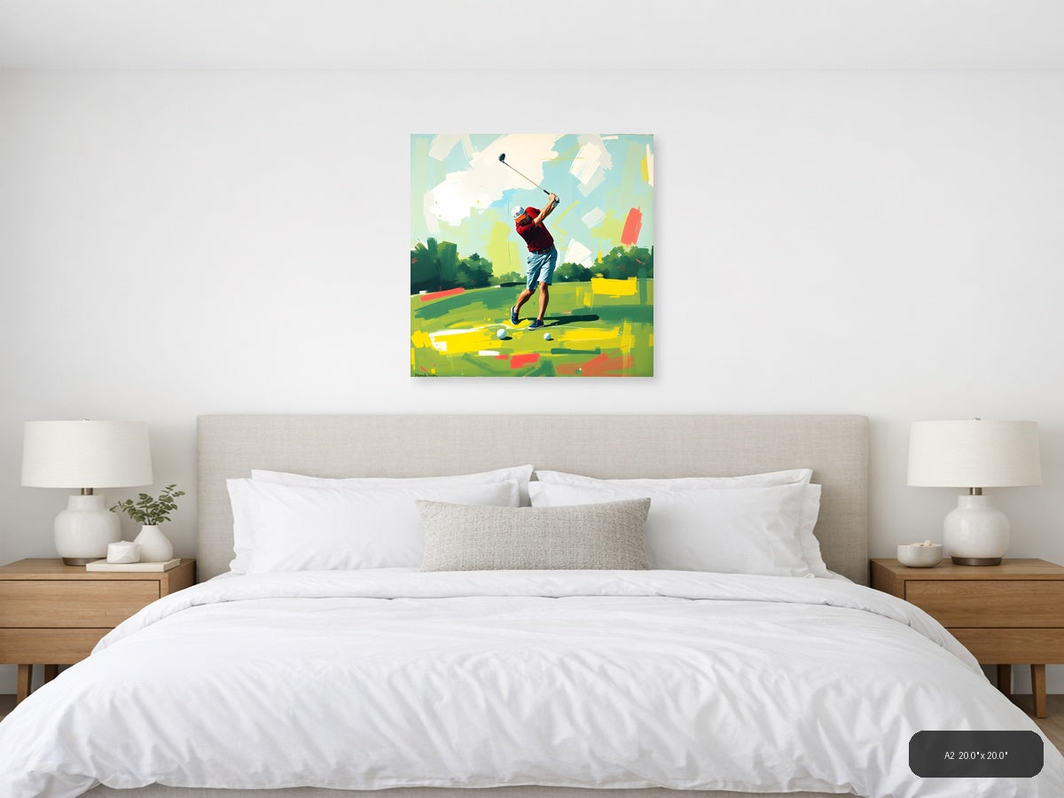 Golfer Mid-Swing Abstract Green & Yellow Wall Art — A2 / Bedroom