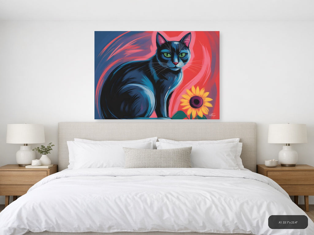 Blue Cat with Sunflower Abstract Pop Art Wall Art — A1 / Bedroom