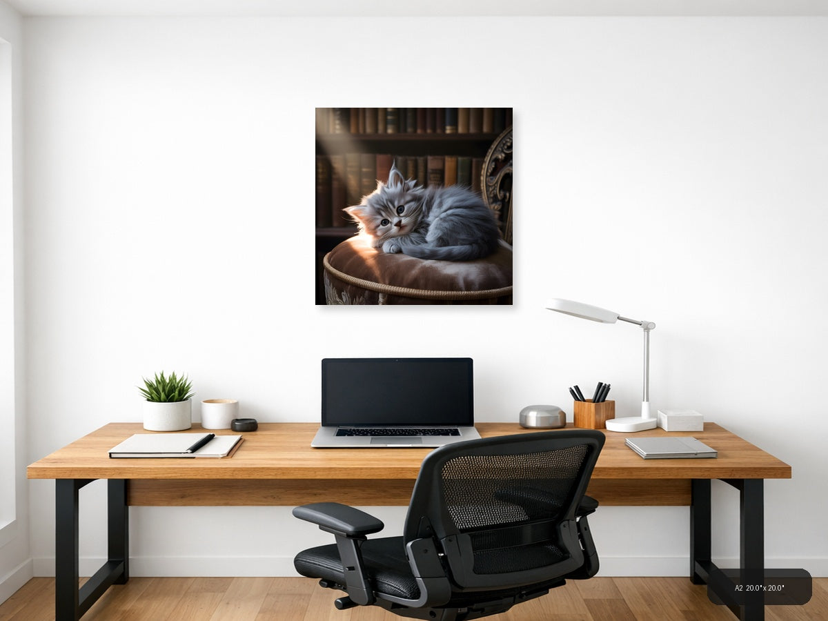 Fluffy Gray Kitten on Cushion Photography Wall Art — A2 / Office