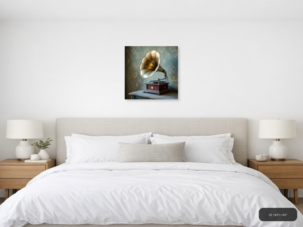 Vintage Gramophone with Horn Speaker Wall Art — A3 / Bedroom