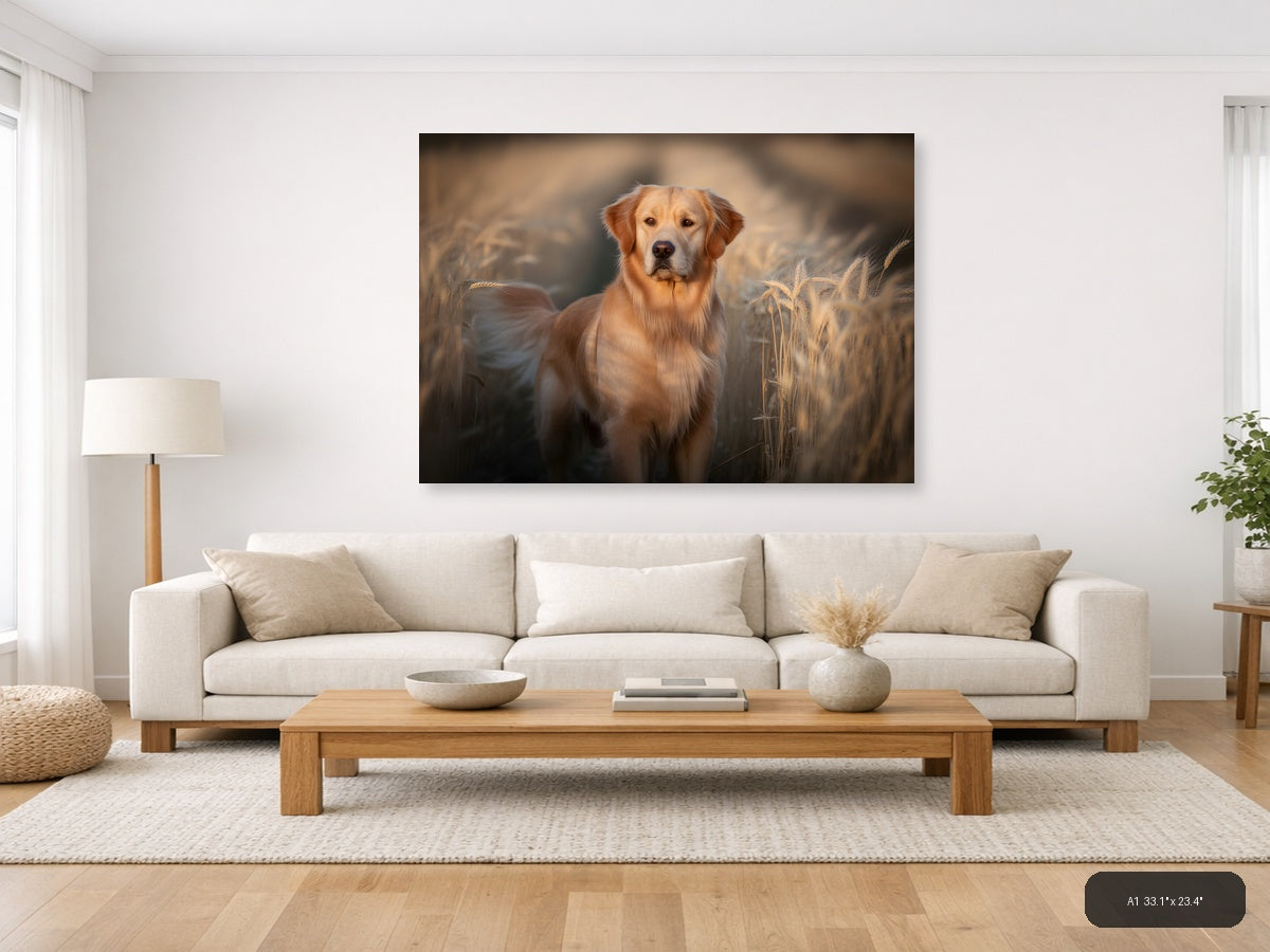 Golden Retriever in Wheat Field Photography Wall Art — A1 / Living Room