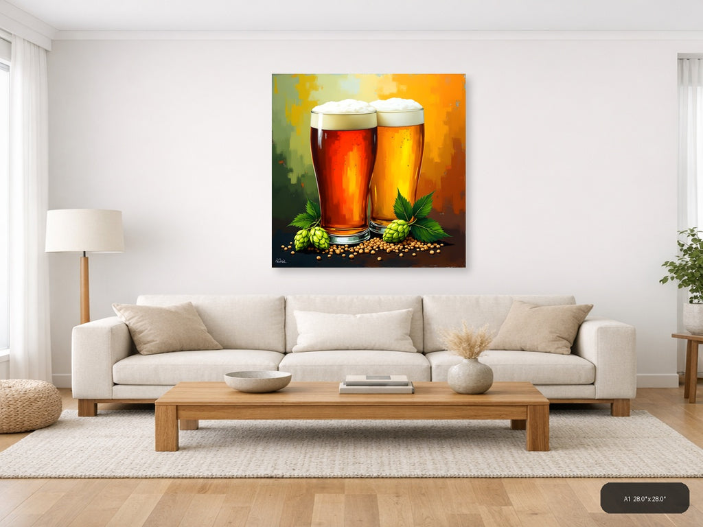 Two Beer Glasses with Hops Abstract Wall Art — A1 / Living Room