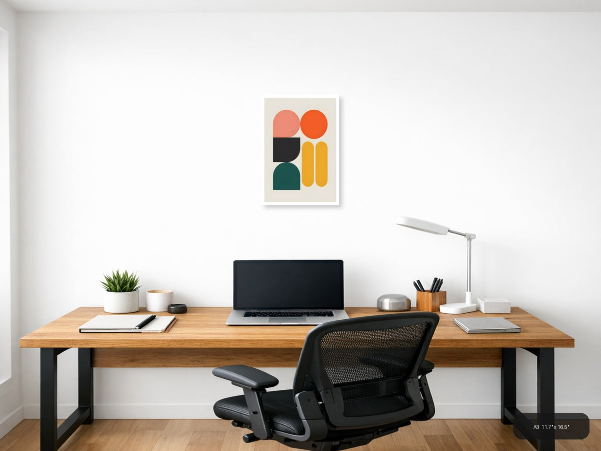 Minimalist Geometric Shapes in Coral, Orange & Teal Wall Art — A3 / Office