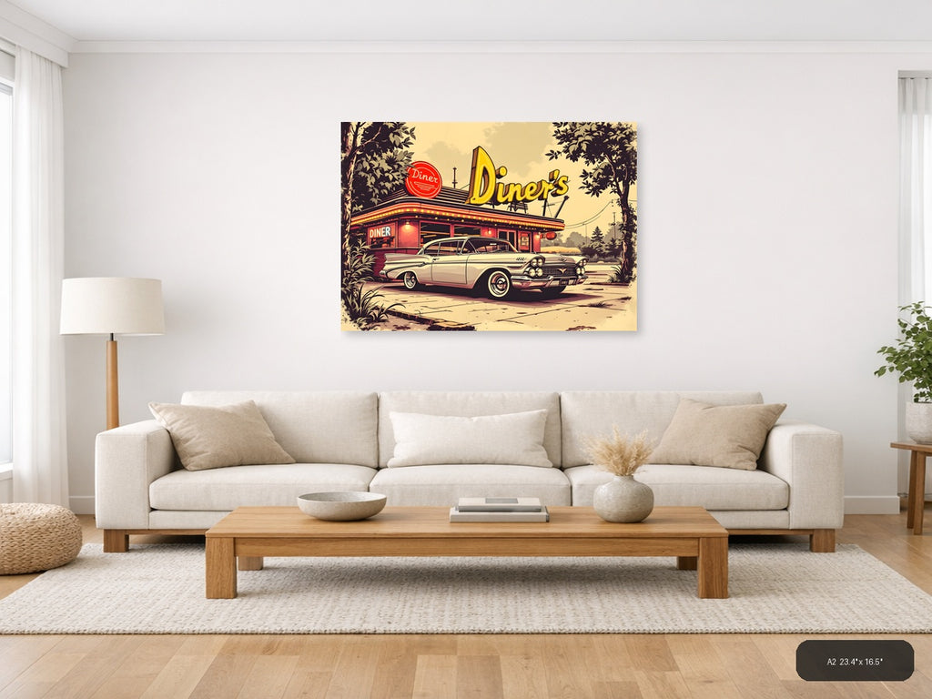 Vintage Diner & Classic Car Retro Wall Art — A2 / Living Room