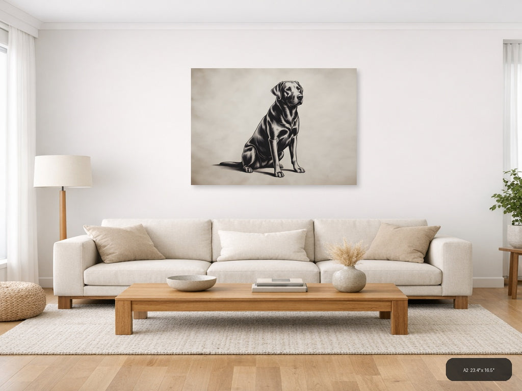 Sitting Labrador Retriever Line Art Black & White Wall Art — A2 / Living Room