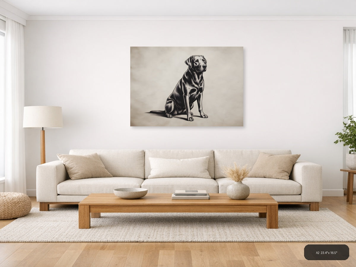 Sitting Labrador Retriever Line Art Black & White Wall Art — A2 / Living Room