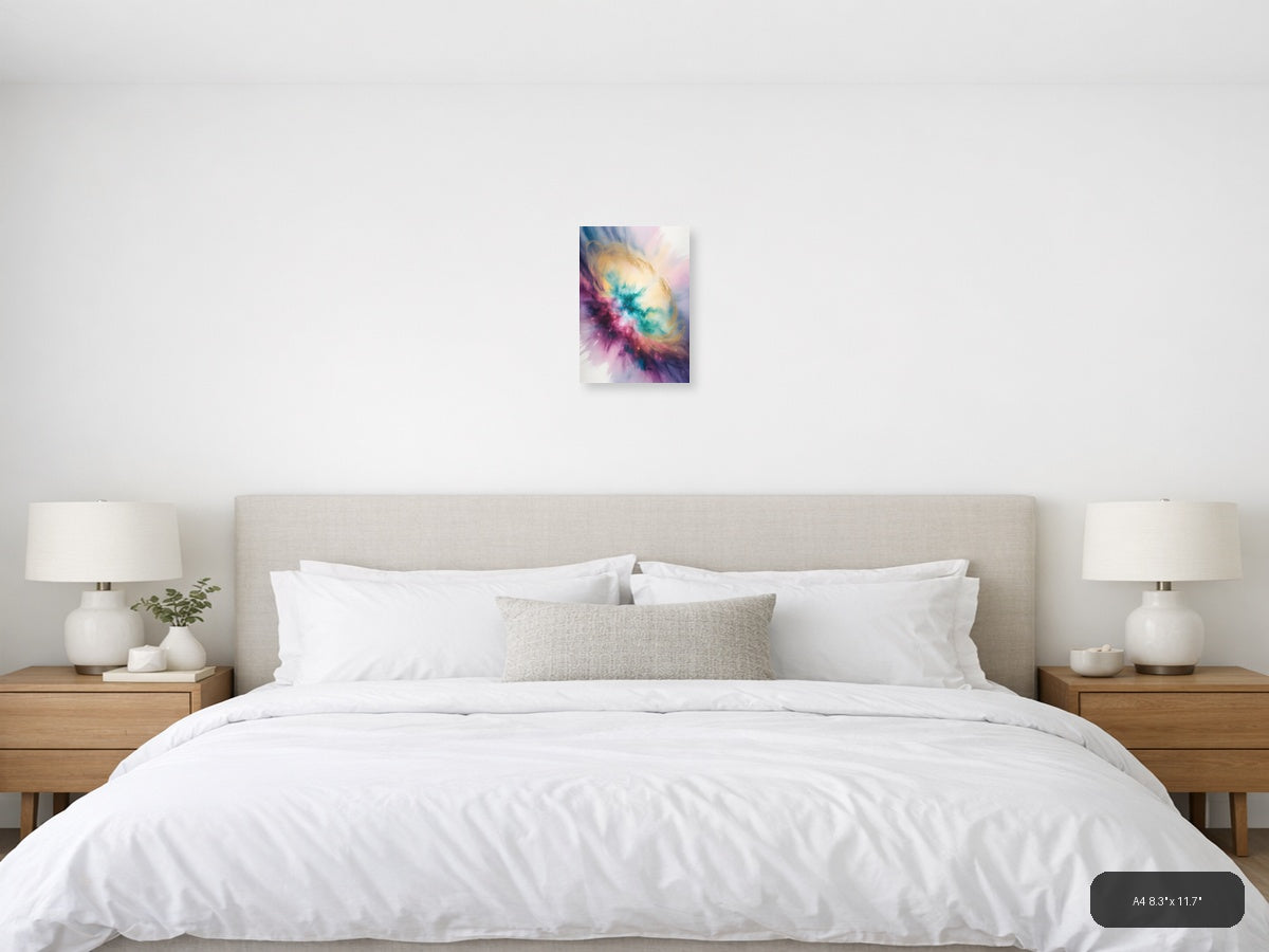 Cosmic Watercolor Nebula in Pink and Teal Wall Art — A4 / Bedroom