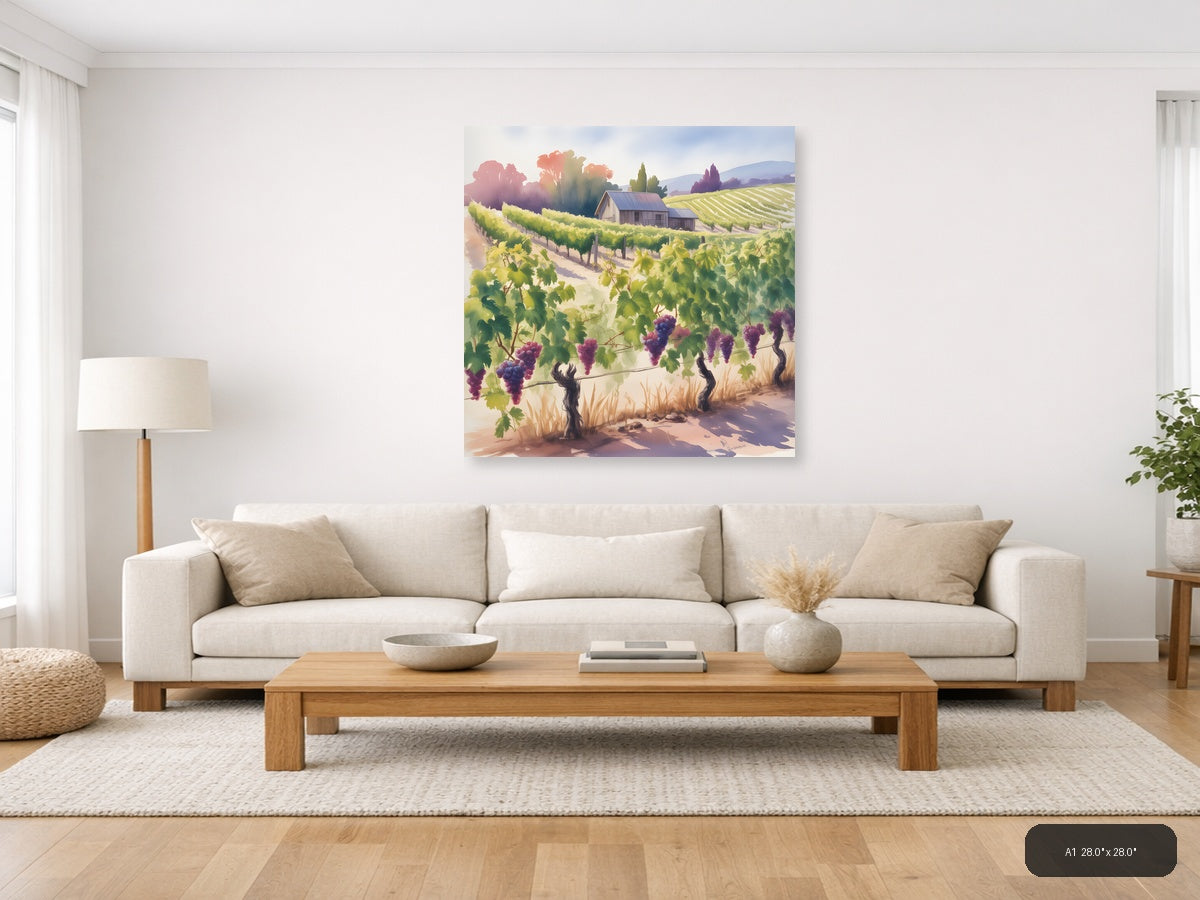 Vineyard Harvest Watercolor Wine Country Wall Art — A1 / Living Room