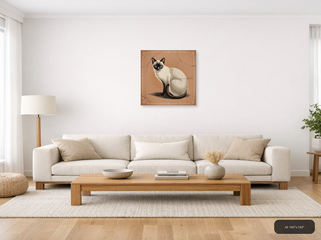 Siamese Cat with Blue Eyes Vintage Square Wall Art — A3 / Living Room