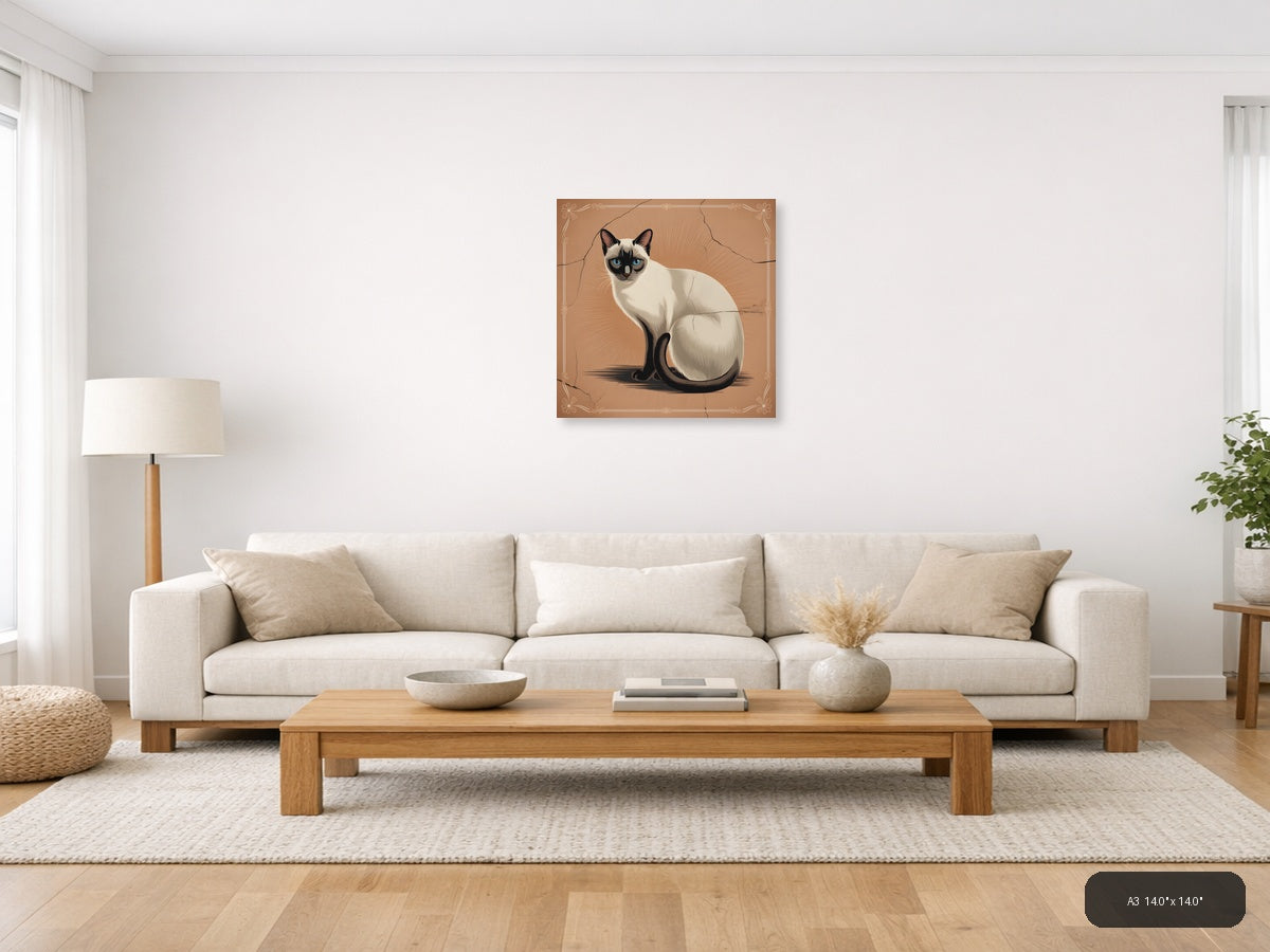 Siamese Cat with Blue Eyes Vintage Square Wall Art — A3 / Living Room