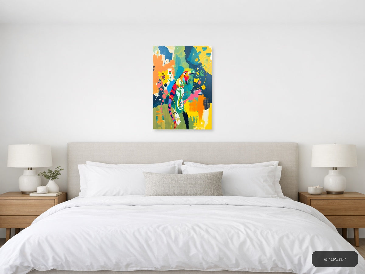 Vibrant Toucan & Floral Abstract Portrait Wall Art — A2 / Bedroom